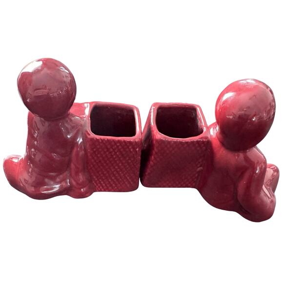 Vintage Red Glazed Ceramic Boy & Girl Planter Pair – Oriental Style Bookends - Picture 6 of 8